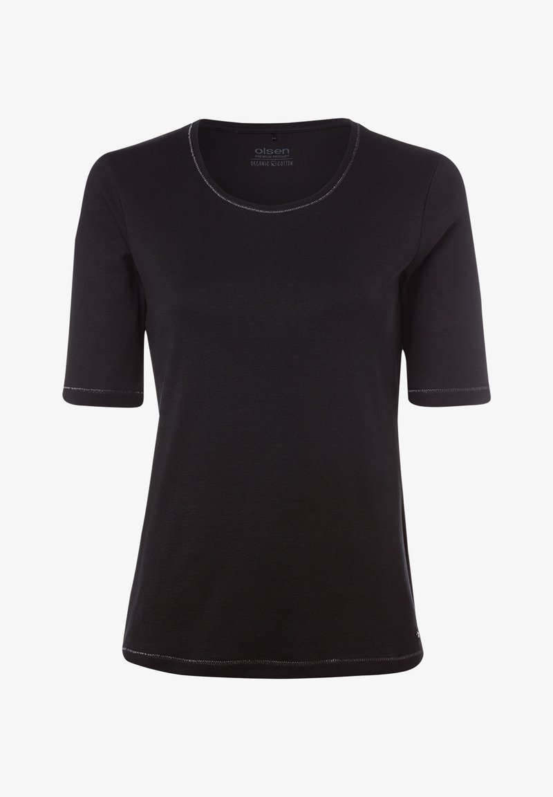 Schwarzes T-Shirt mit kurzen Ärmeln aus Bio-Baumwolle. Verfügt über einen runden Halsausschnitt mit kontrastierenden Nähten und einem dezenten Markenlogo am Saum.