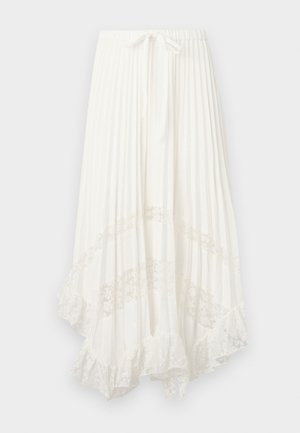 Μακριά λευκή φούστα με πιέτες και ενθέσεις από δαντέλα με floral σχέδιο, με βολάν στο τελείωμα, διαθέτει ελαστική μέση με κορδόνι που δένει.