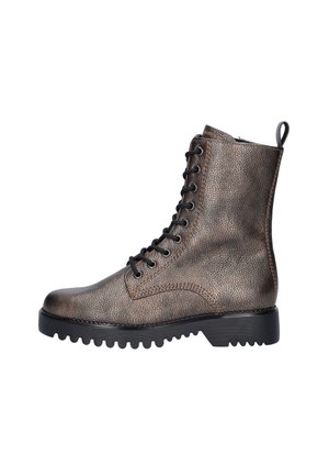 Brown metallic leather ankle boots with a textured finish, black rubber sole, round toe, and eyelet lace-up design.