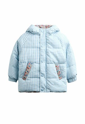 Light blue and white checkered padded children's jacket with hood and floral-patterned pocket trims and lining.