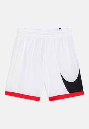 White athletic shorts with red trim and a black abstract logo. Made of lightweight fabric with a smooth texture and elastic waistband.
