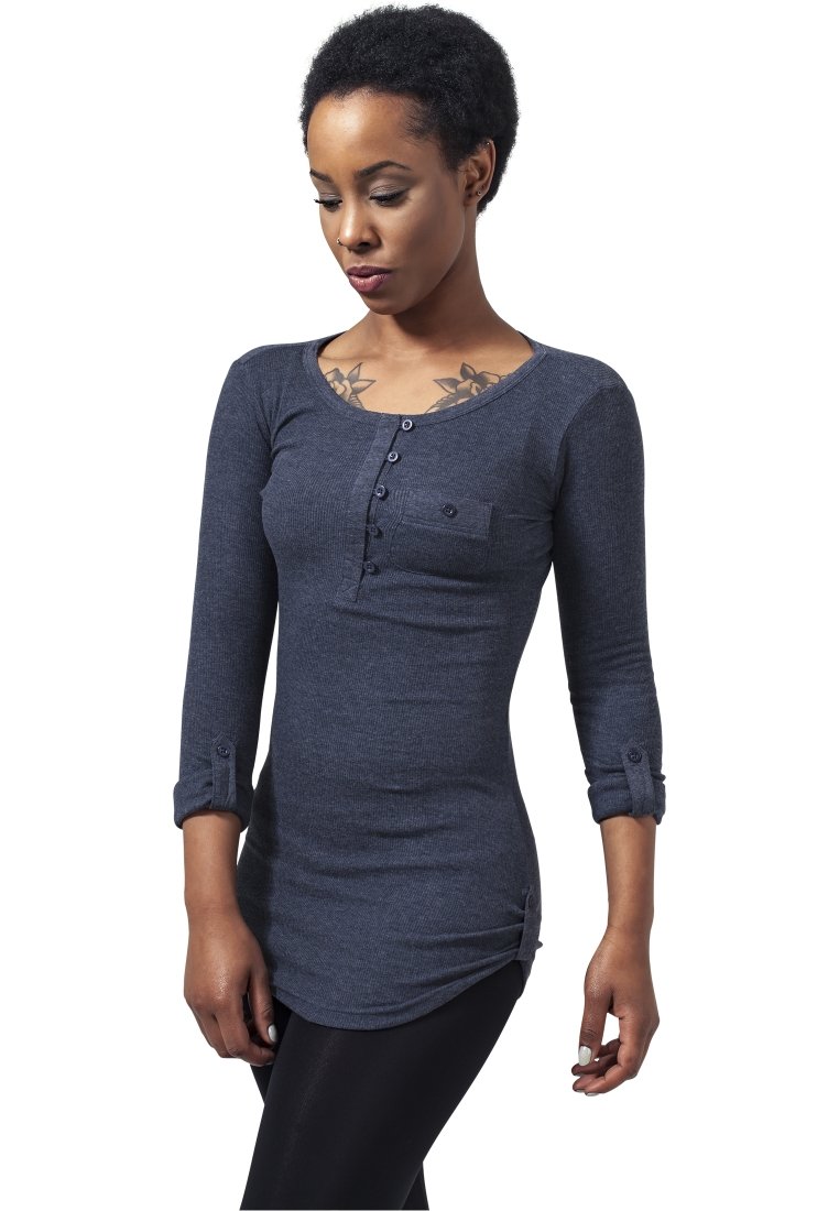 Urban Classics LADIES LONG RIB POCKET TURNUP TEE - Maglietta a manica lunga - indigo