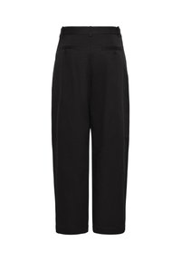 Schwarze, cropped Hose mit glatter Textur, die zwei Gesäßtaschen und ein gerades Bein-Design aufweist. Schlicht und vielseitig.