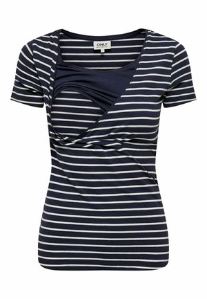 T-shirt de maternité rayé bleu marine et blanc avec un col en V, des manches courtes et un design froncé à l'avant pour un ajustement confortable.