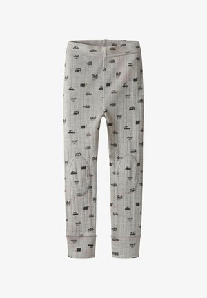 Leggings gris à motifs avec de petits motifs de voiture, tissu doux, taille côtelée et renforts aux genoux pour plus de durabilité.