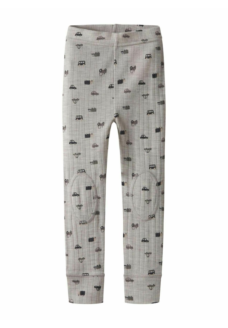 Leggings gris à motifs avec de petits motifs de voiture, tissu doux, taille côtelée et renforts aux genoux pour plus de durabilité.
