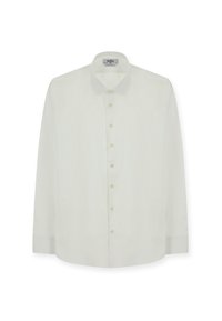 Witte langslavige shirt gemaakt van een gladde stof, met een standaard kraag, knoopsluiting aan de voorkant en een subtiele glans.