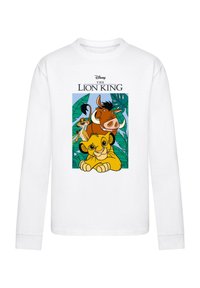 Weißes Langarmshirt mit einem bunten Grafikdesign aus "Der König der Löwen", auf dem die Charaktere vor grüner Laubumgebung abgebildet sind.