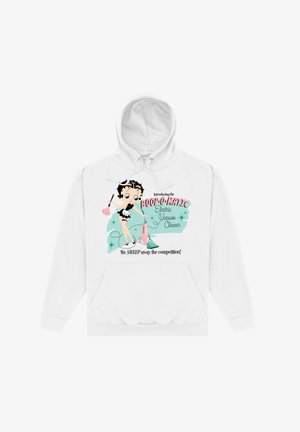 Biała bluza z kapturem z kolorową grafiką retro postaci z odkurzaczem, tekst brzmi "Wprowadzamy BOOP-O-MATIC."