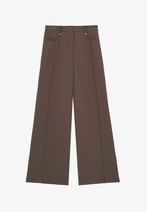 Pantaloni a gamba larga in tessuto marrone scuro, con fronte piatto, due tasche frontali e dettagli di cucitura sottili, dalla texture liscia.