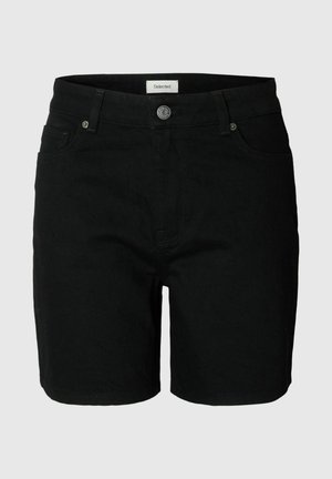 Fekete, középhosszú farmer rövidnadrág elöl gombbal, övbújtatókkal, elülső és hátsó zsebekkel, egyszínű szürke háttéren bemutatva.