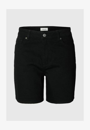 Fekete, középhosszú farmer rövidnadrág elöl gombbal, övbújtatókkal, elülső és hátsó zsebekkel, egyszínű szürke háttéren bemutatva.