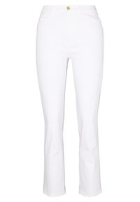 Los jeans de mezclilla blanca presentan un diseño de pierna recta con una cintura de altura media, herrajes de botón dorado y un estilo clásico de cinco bolsillos.