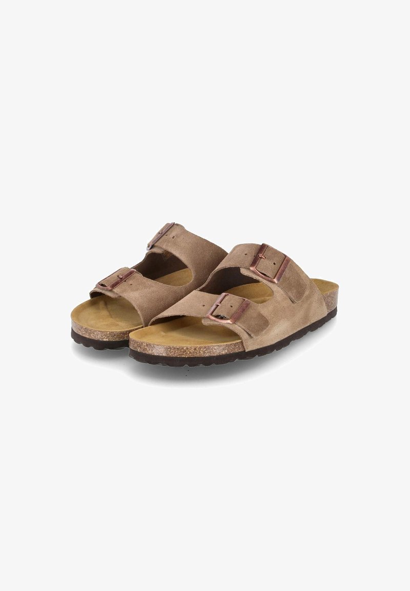 Braune Wildledersandalen mit zwei verstellbaren Riemen und metallischen Schnallen, konturiertem Korkfußbett und strukturiertem Gummi-Außensohle.