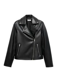 Giacca biker nera in ecopelle con zip diagonale in argento e due tasche laterali con zip, esposta su sfondo bianco.