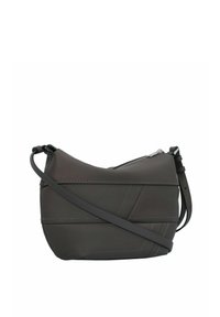 Borsa a tracolla in pelle grigia scura con cuciture geometriche, chiusura a zip e tracolla regolabile. Texture liscia con design lineare.