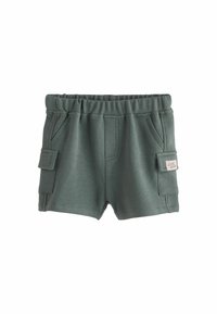 Grüne Baumwollshorts mit strukturierter Oberfläche, elastischem Bund, Seitentaschen und einer Cargotasche auf der linken Seite.