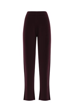 Bordeauxfarbene Stretchhose mit ausgestelltem Saum, ausgestattet mit einem elastischen Bund und glatter Textur, entworfen für Komfort und Vielseitigkeit.