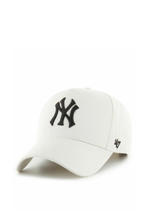 White baseball cap with black embroidered NY logo on front and '47 brand logo on side.