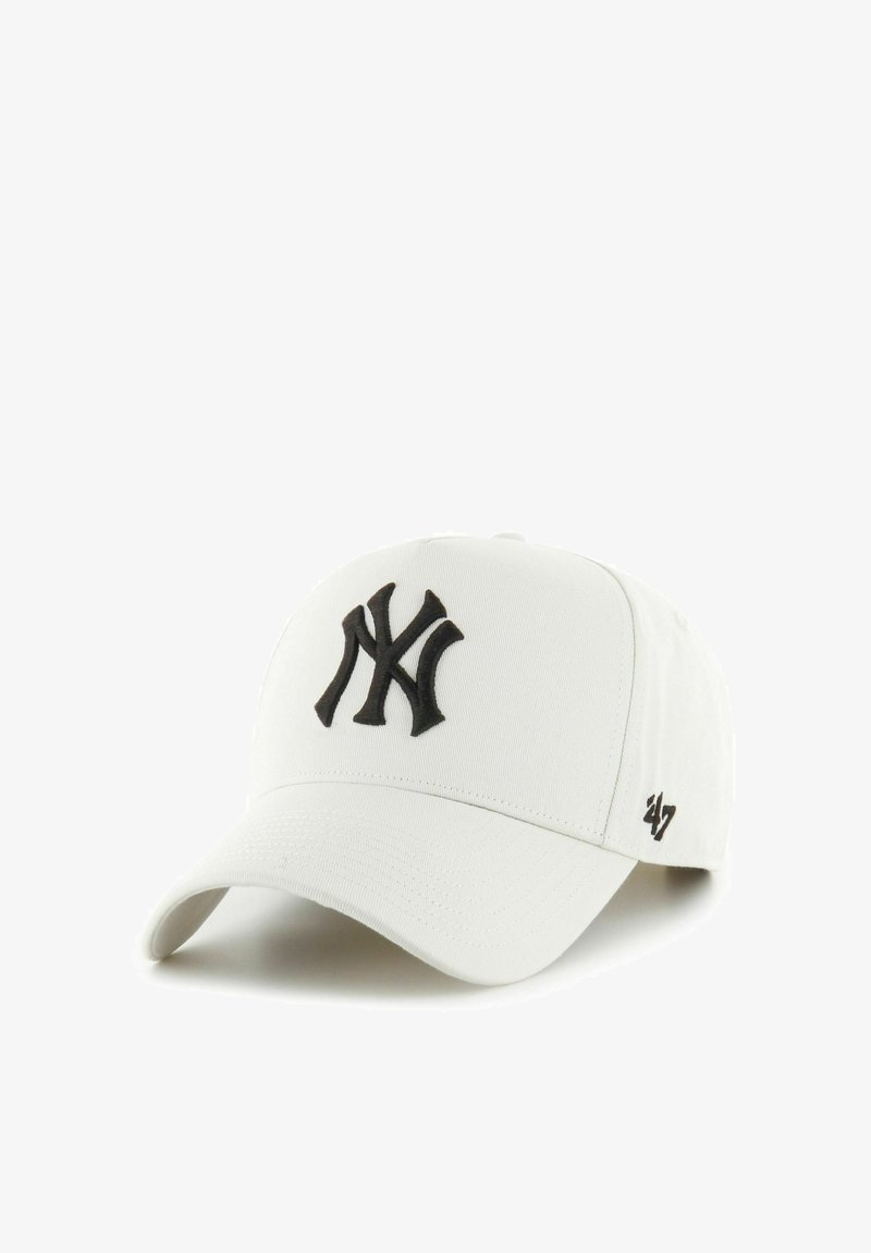 White baseball cap with black embroidered NY logo on front and '47 brand logo on side.