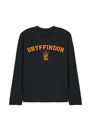 Schwarzes Langarmshirt mit "Gryffindor" in fettgedruckten orangen Buchstaben und dem Hauswappen von Gryffindor aus Harry Potter unter dem Text.