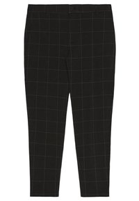 Svarta byxor med ett rutmönster i vitt. Tillverkade av ett slätt tyg, med slim fit och standard midjeband med knäppning.