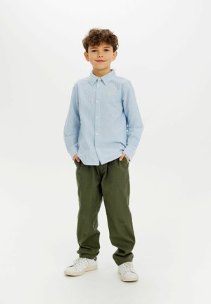 Ljust blå randig skjorta med krage, lång ärm och knäppning, parat med löst sittande gröna byxor och vita sneakers.