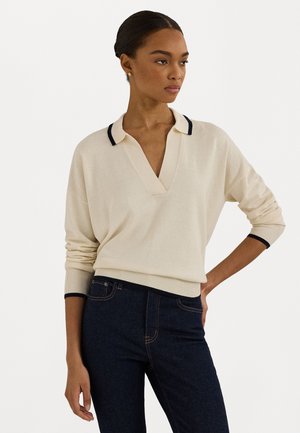 Lauren Ralph Lauren TWO TONE COTTON BLEND POLO SWEATER - Džemperis - mascarpone cream/lauren navy