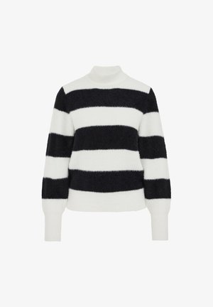Gestreifter Pullover in Schwarz und Weiß, mit hohem Kragen, langen Ärmeln und einem weichen, strukturierten Strick. Horizontale Streifen in unterschiedlichen Breiten.