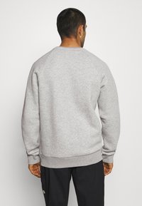 Felpa grigia con collo rotondo, maniche raglan e polsini a costine. Tessuto morbido con un design pulito, indossata sopra pantaloni scuri.