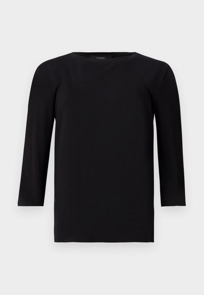 Svart langermet topp med rund hals, laget av et glatt, lett materiale. Har en avslappet passform og rett kant med minimale sømmer.