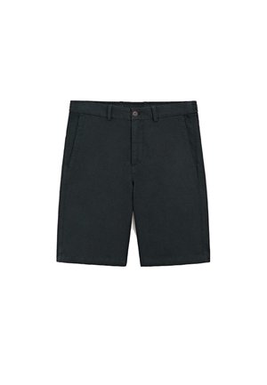 Schwarze Shorts mittlerer Länge mit Gürtelschlaufen, seitlichen Taschen, vorderem Knopf und Reißverschluss, dargestellt vor weißem Hintergrund.