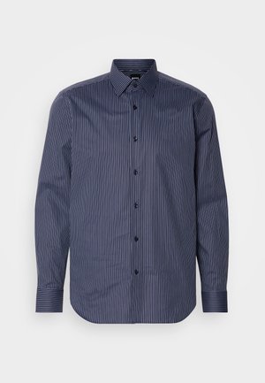 Marineblau gestreiftes Langarmshirt mit Button-Down-Kragen, durchgehender Knopfleiste und kontrastierenden vertikalen Streifen in glatter Textur.