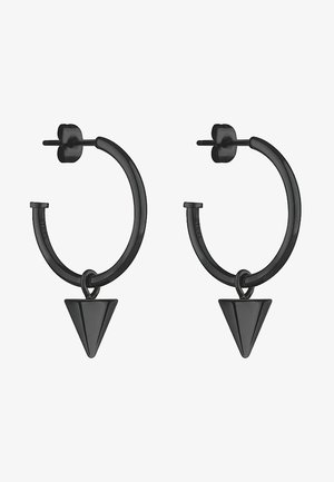 Boucles d'oreilles en forme de cerceau noires avec un design circulaire lisse, présentant un pendentif triangulaire en bas. Le matériau semble être du métal.