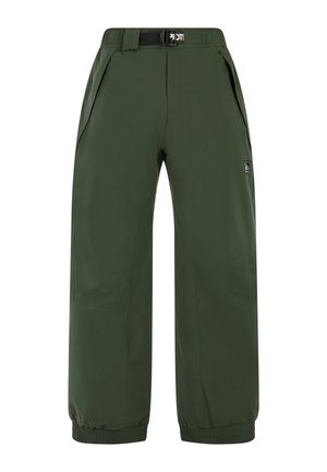 Groene, loszittende broeken met een elastische tailleband en boorden, voorzien van zijzakken en een logopatch. Gemaakt van glad, duurzaam materiaal.