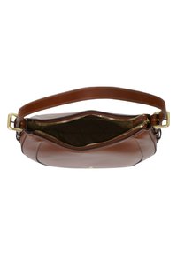 Borsa a mano in pelle marrone con texture liscia e chiusura con zip. Presenta una tracolla singola e un interno foderato con tessuto scuro.