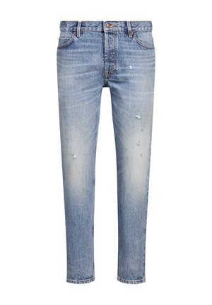 Světle modré denimové džíny s uvolněným střihem, které mají vybledlá místa a drobné opotřebované detaily. Klasický design s pěti kapsami a zapínáním na knoflík.