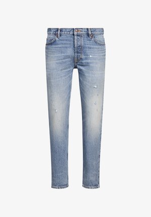 Světle modré denimové džíny s uvolněným střihem, které mají vybledlá místa a drobné opotřebované detaily. Klasický design s pěti kapsami a zapínáním na knoflík.