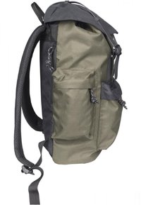 Sac à dos vert olive et noir en tissu texturé, avec des bretelles réglables et plusieurs poches extérieures, doté d'une fermeture roulée.