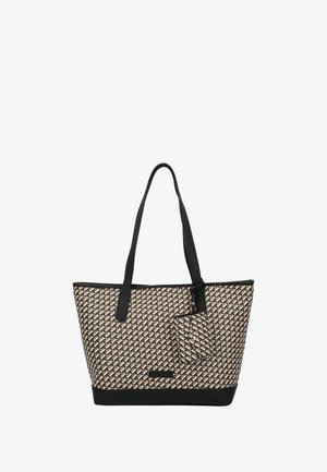 Torba na ramię z tkanym wzorem w odcieniach brązu i czerni, z solidną czarną podstawą. Zawiera czarne ramiączka i małą, odczepianą saszetkę.