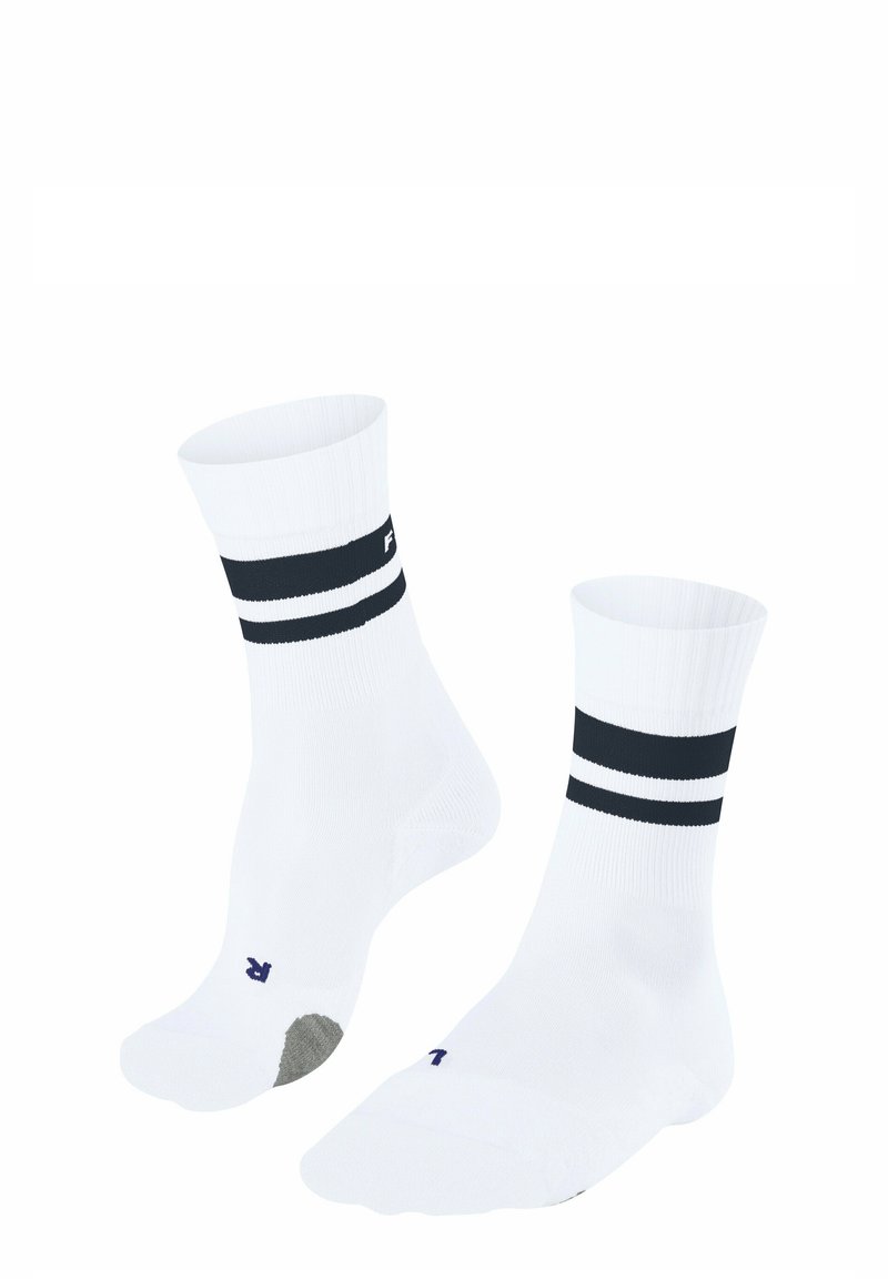 Calcetines de algodón blancos con rayas azul marino en la parte superior. Presentan una sección de punta gris y una textura acanalada para mayor agarre.