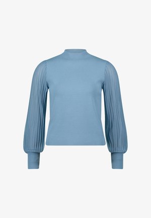 Light blue knit sweater with a high neck, fitted body, and puffed sleeves featuring vertical ribbed texture for added detail.