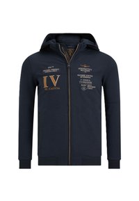 Felpa con zip color navy realizzata in un tessuto morbido, con grafiche e dettagli dorati. Comprende un cappuccio, tasche a marsupio e polsini e orlo a coste.