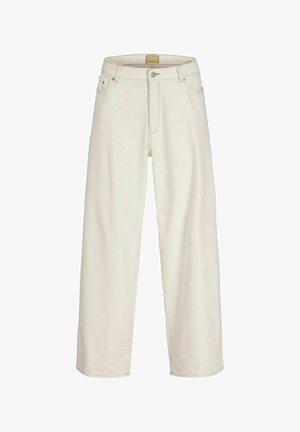 High-waisted, straight-leg cream-colored jeans with front button, zipper, belt loops, and side and back pockets.