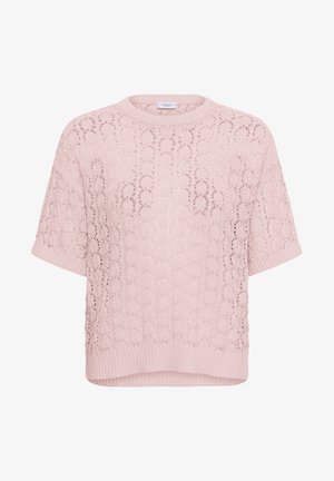 Vaaleanpunainen lyhythihainen neulepusero, jossa on pitsimäinen avoin kirjoneulekuvio, resorireunus helmassa ja hihansuissa sekä pyöreä kaula-aukko.