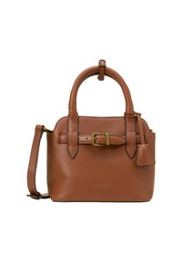 Braune Lederhandtasche mit strukturiertem Design, zwei kurzen Griffen, einem abnehmbaren Schulterriemen, goldfarbener Hardware und einem kleinen Etikett-Detail.