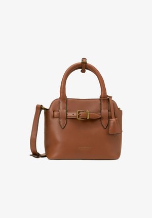 Sac à main en cuir marron avec un design structuré, deux poignées courtes, une bandoulière amovible, quincaillerie en finition dorée et un petit détail en étiquette.