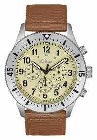 Runde silberne Edelstahluhr mit beigem Zifferblatt, schwarzen Markierungen, drei Subdials und einem braunen Textilarmband. Datumsfunktion vorhanden.