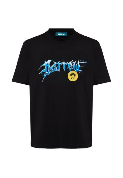 Black short-sleeve T-shirt with blue stylized "Barrow" text and a yellow fanged paw print graphic below the text on the front center.