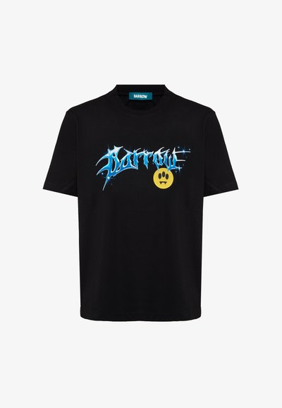 Black short-sleeve T-shirt with blue stylized "Barrow" text and a yellow fanged paw print graphic below the text on the front center.